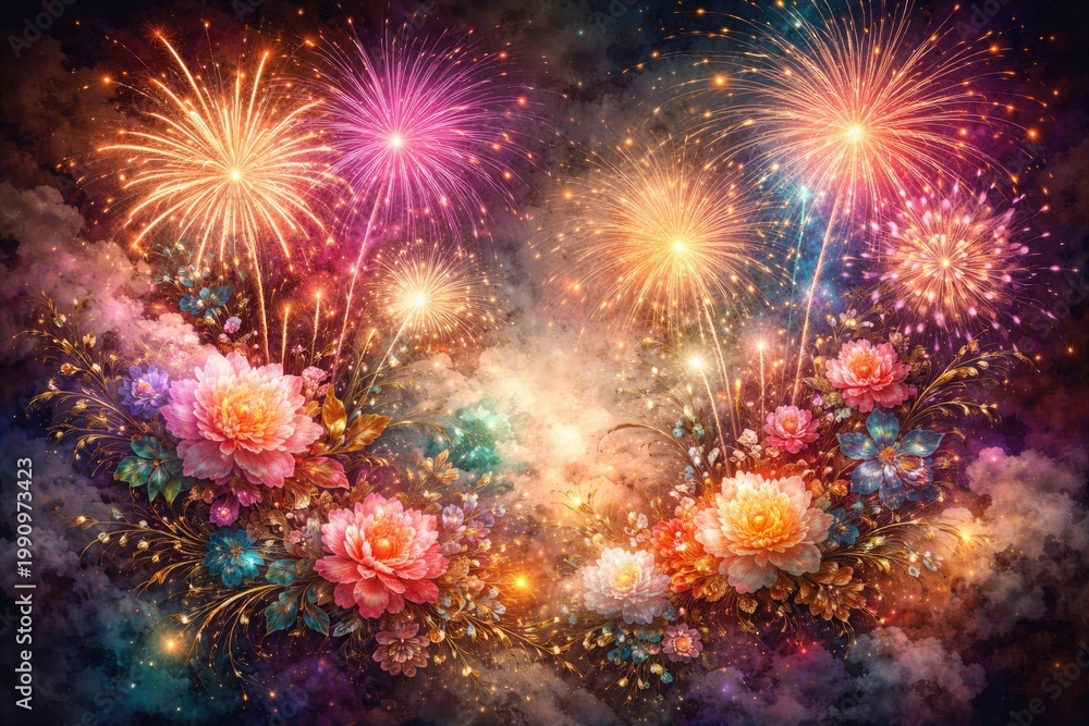 Fototapeta premium Vibrant fireworks intertwined with floral illustrations on an abstract textured background with smoky accents