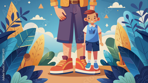Cartoon father son duo, standing together, colorful illustration, family concept, vector graphics