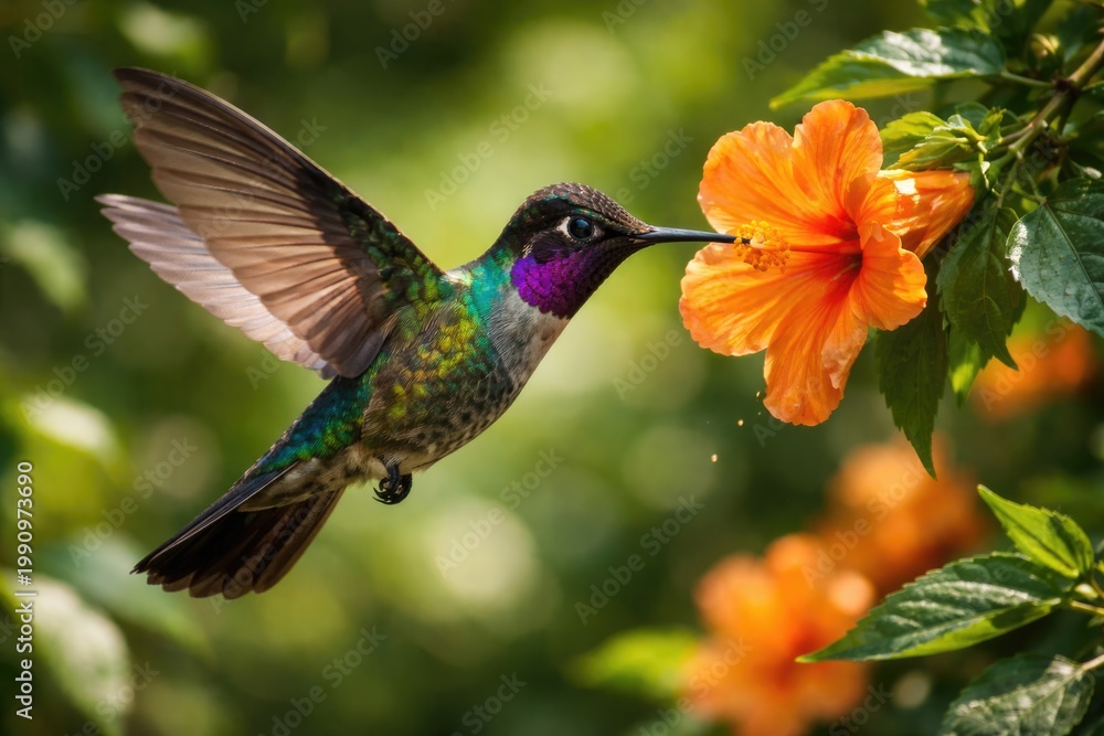 Fototapeta premium Eugenes spectabilis hummingbird hovering by vibrant orange blossom with natural greenery
