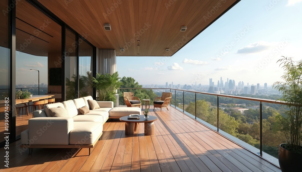 Fototapeta premium Modern penthouse balcony with city view sofa and chairs. Outdoor living space offers relaxation with furniture and plants overlooking urban skyline with tall buildings. Enjoy upscale comfort.
