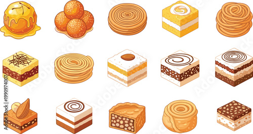 Caramel and layered dessert set with cakes, pastries and sweet rolls in flat style for bakery menu design, confectionery branding and food illustration