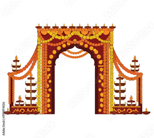 Decorative arch, flower garlands, oil lamps, festive entrance, celebration, Indian tradition, auspicious.