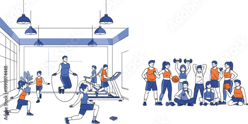 Active People Exercising in Gym with Treadmill Jump Rope and Dumbbell Workout Group Flat Vector Illustration for Fitness and Sport Design