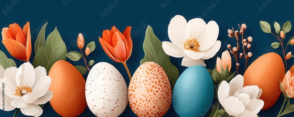 Fototapeta premium Easter eggs and spring flowers on a dark blue background for seasonal celebration and decor
