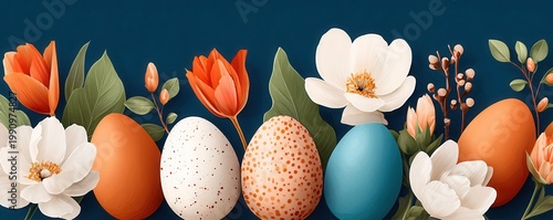 Easter eggs and spring flowers on a dark blue background for seasonal celebration and decor