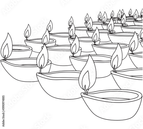 Row of diyas oil lamps glowing for diwali festival celebration, decorative lights, festive background.