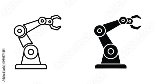 Industrial robotic arm vector icon set in outline and solid styles for automation concepts