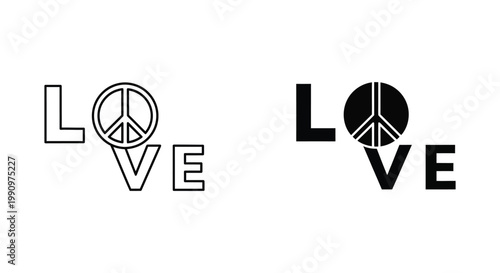 Love word typography with peace sign vector icons in line and silhouette style