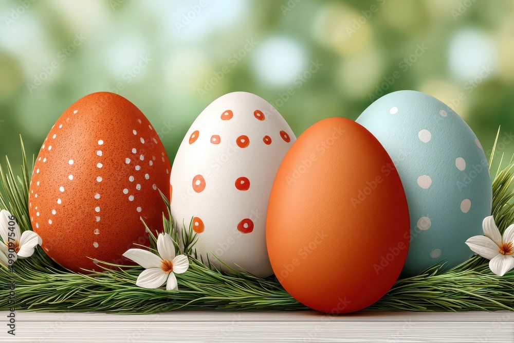 Fototapeta premium Easter eggs in grass with spring flowers on a soft green bokeh background