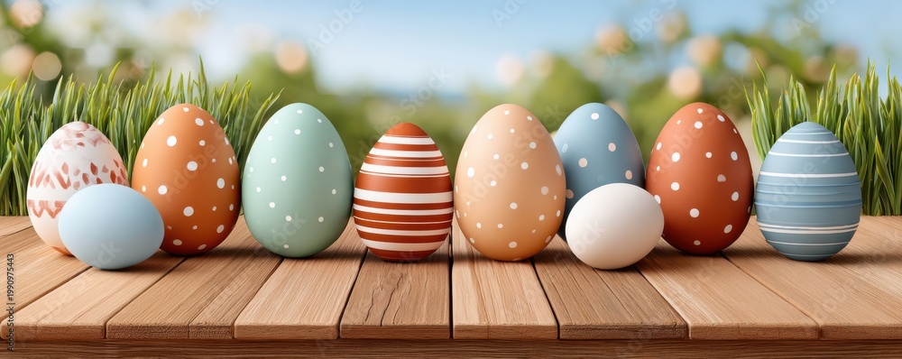 Obraz premium Colorful decorated Easter eggs arranged on a wooden floor with grassy spring background