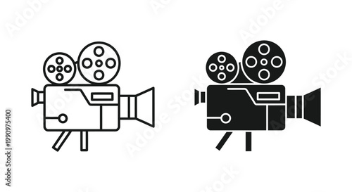 Vintage movie camera recording equipment icon set in outline and solid black vector
