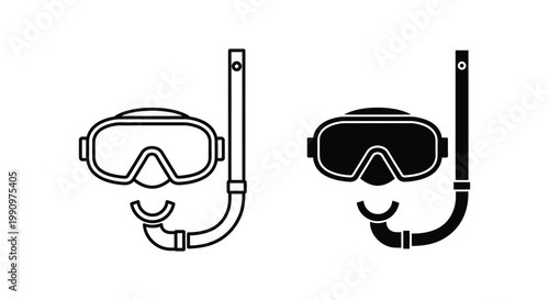 Snorkeling mask and snorkel tube icons set in outline and solid black vector style