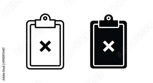 Clipboard with cross mark icon set in outline and solid black vector design style