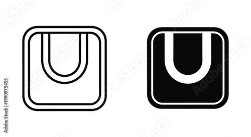 Square shopping bag icon set in outline and solid black vector design style