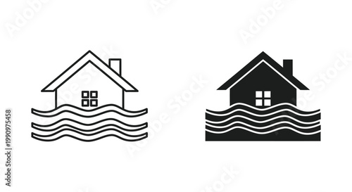 House submerged in flood water icon set in simple flat vector style