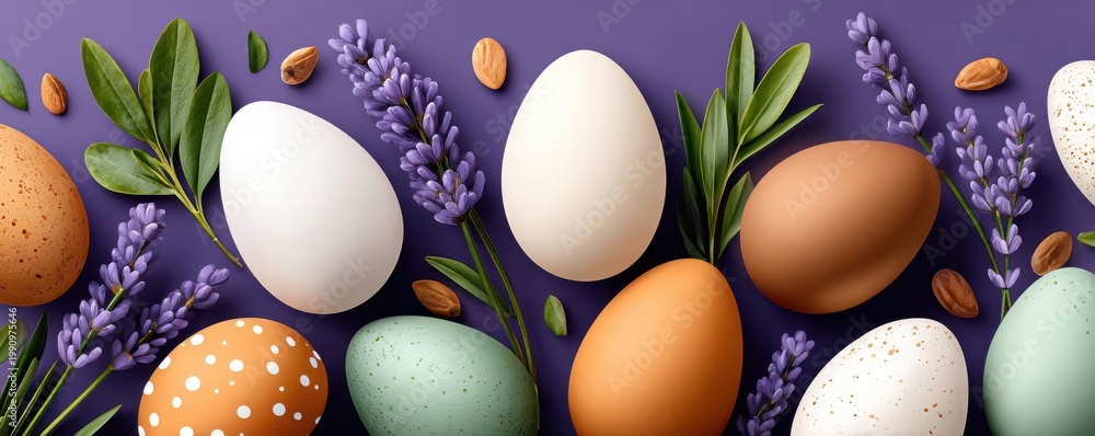 Fototapeta premium Easter banner with pastel-colored eggs and lavender flowers on purple background
