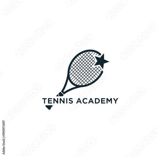 Tennis academy logo with racket and star.