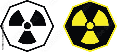 Two distinct octagonal radiation warning symbols displayed with black and yellow color variations Vector