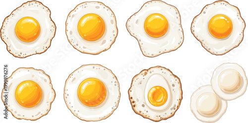 Realistic Fried Egg and Boiled Egg Collection in Various Styles Top View Flat Vector Illustration Set for Food and Breakfast Design