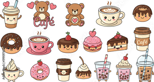 Cute Kawaii Coffee and Dessert Character Set with Donuts Cupcakes Bubble Tea Teddy Bear and Cafe Drinks for Stickers Menu Design and Social Media