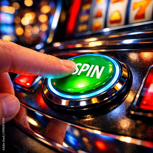 A man pushes the spin button at a casino slot machine