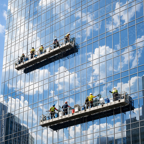 Professional window washers at work on a tall office building