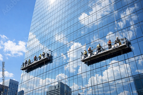 Professional window washers at work on a tall office building
