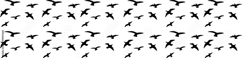 Fototapeta premium Flock of birds silhouette png black silhouette of bird flock flying on white background, Beautiful flock of birds flying in blue sky png transparent background Png