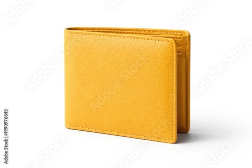 Yellow billfold standing alone on solid white surface