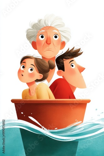 Multigenerational family in a small pot afloat on rough water, worried but holding together