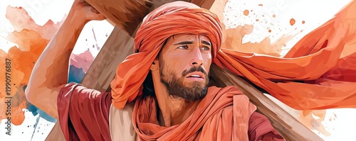 Jesus carrying the cross watercolor portrait with orange drapery and dramatic expression