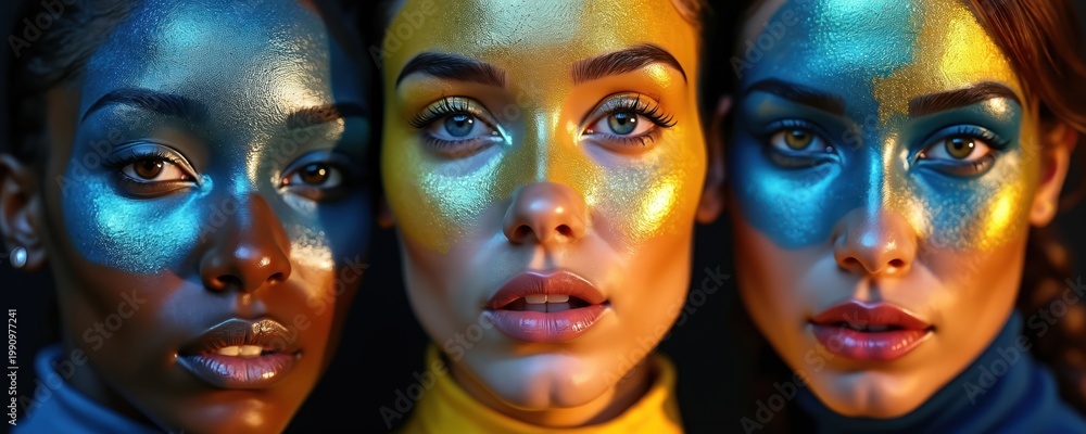 Obraz premium Three women faces with blue and yellow paint look directly forward. Their detailed skin shows striking artistic makeup and sharp eyes against a dark background, conveying confident beauty.