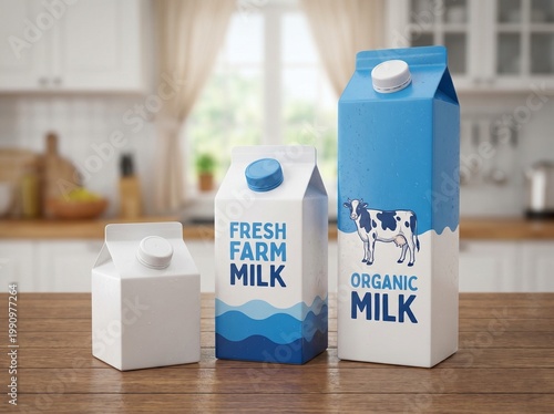 Assorted Sizes of Fresh and Organic Milk Cartons Displayed on a Kitchen Table for Branding and Packaging Mockup Design
