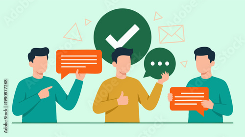Obraz na płótnie People communicating and giving feedback with chat bubbles and approval icons