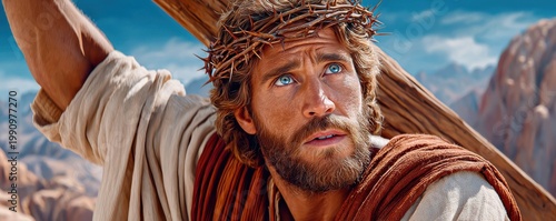 Jesus carrying the cross with a crown of thorns, close-up portrait showing sorrow and strength