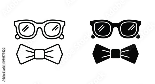 Glasses and bowtie icon set for dapper look in linear and solid black vector style