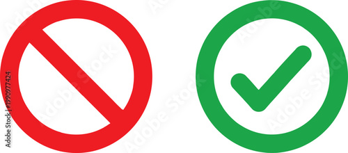 A graphic representation of a red prohibited sign and a green check mark for validation concept Vector