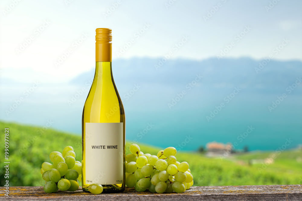 Fototapeta premium White wine bottle with grapes vineyard background
