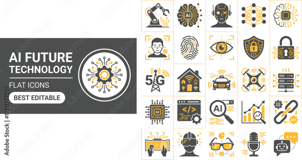 Fototapeta premium AI future technology solid icon set featuring artificial intelligence brain, machine learning robot, cyber security shield, and smart cloud network vector symbols.