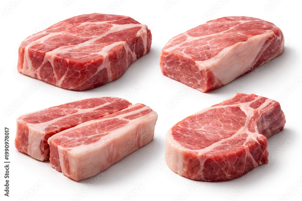 Fototapeta premium Set of four pork meat pieces showing marbling and texture differences on clean white surface