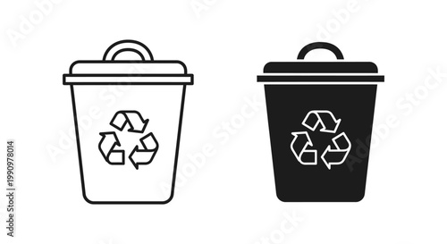 Waste recycling bin icon with recycle symbol in line and solid black vector style