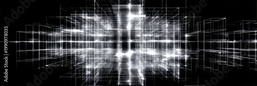 Futuristic White Grid Structure Emitting Light On Black Background For Technology Concepts