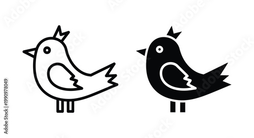 Cute cartoon bird with crown icon in line and solid black vector design style