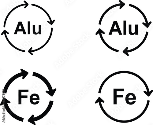 A set of four black recycling symbols featuring the chemical abbreviations for aluminum and iron Vector