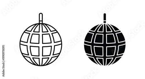 Disco ball hanging decoration icon set in outline and solid black vector illustration
