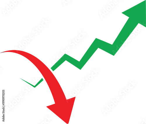 A visual representation showing a red arrow falling and a green arrow rising on white background Vector