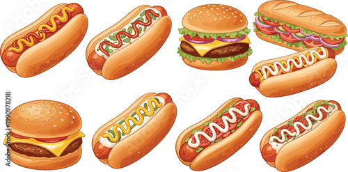 Delicious Hot Dog and Burger Fast Food Collection with Mustard Ketchup and Toppings Flat Vector Illustration Set for Food Design