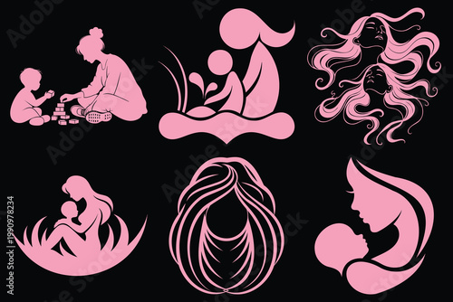 Mother day collection of pink vector silhouettes showing maternal love between women and children on black background for card designs.