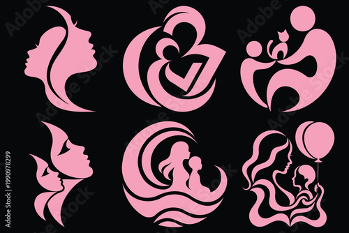 Elegant abstract line art illustrations of mothers and children in pink silhouettes designed for branding and maternal health concepts.