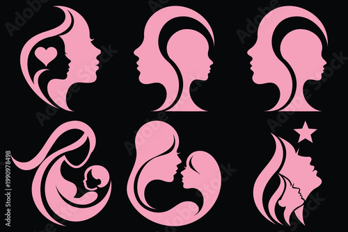 Mother and child love symbols vector set featuring woman profiles with heart and star elements for motherhood and parenting celebration.